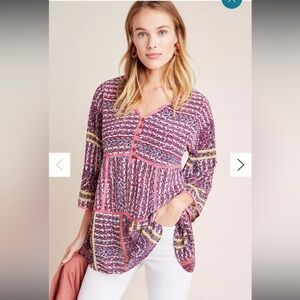 Maeve By Anthropologie Lilyana Patchwork Boho Floral Tiered Silk Blouse• Small